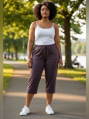 HYBA, Plus Size 2X, Capri Pants Plum Stretch Lightweight Elastic Waist